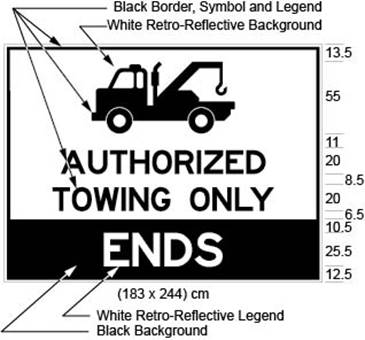 Illustration of sign with a figure of a tow truck and the text AUTHORIZED TOWING ONLY above white text ENDS on black background.