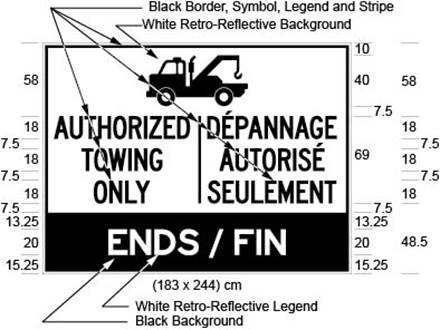 Illustration of sign with text AUTHORIZED TOWING ONLY / DÉPANNAGE AUTHORISÉ SEULEMENT below an illustration of a tow truck above white text ENDS/FIN on black background.