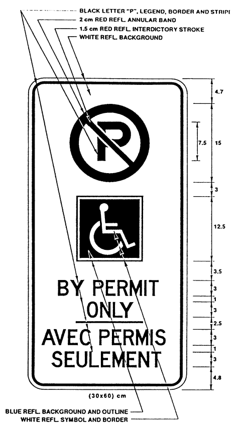 Illustration of sign with No parking symbol, International Symbol of Access and BY PERMIT ONLY - AVEC PERMIS SEULEMENT.