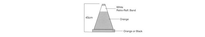 Illustration of conical traffic control device, including dimensions and markings of device.
