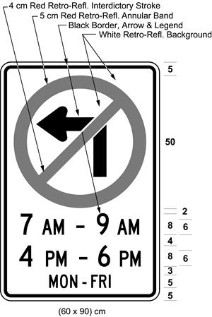 Illustration of sign with a no left turn symbol, text 