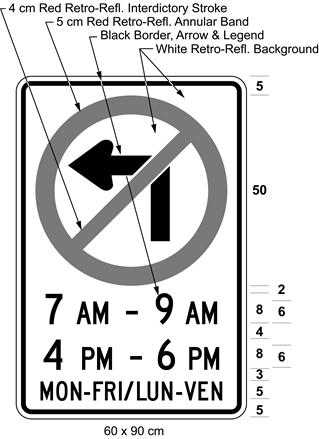 Illustration of sign with a no left turn symbol, text 