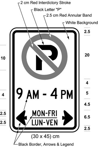 Illustration of sign with a no parking symbol, text 