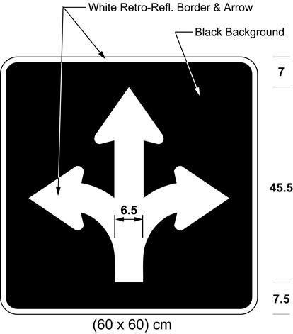 Illustration of sign with branching white arrows curving left, curving right and proceeding straight on black background.