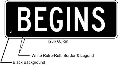 Illustration of tab sign with white text BEGINS on black background.