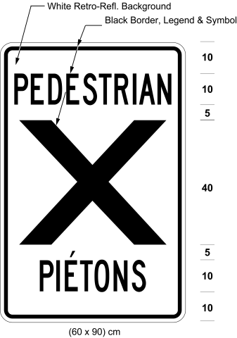 Illustration of sign with text PEDESTRIAN above large X above text PIÉTONS.