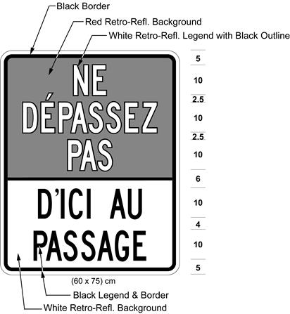 Illustration of sign with white text NE DÉPASSEZ PAS on red above black text D'ICI AU PASSAGE on white.