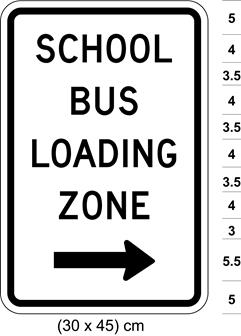 Illustration of sign with text SCHOOL BUS LOADING ZONE and arrow pointing right. 