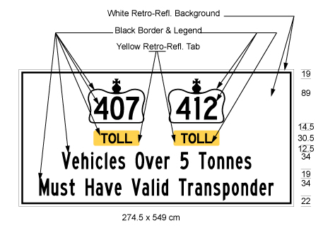 Illustration of sign with 407 inside Crown symbol and 412 inside Crown symbol, text Toll on yellow background beneath each Crown symbol and text Vehicles Over 5 Tonnes Must Have Valid Transponder on white background. 