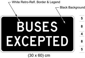 Illustration of tab sign with white text BUSES EXCEPTED on black background.