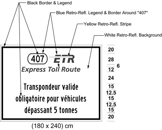 Illustration of sign with 407 ETR symbol and text Transpondeur valide obligatoire pour véhicules dépassant 5 tonnes.