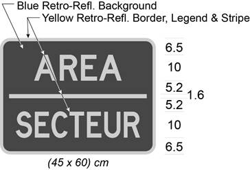 Illustration of tab sign with yellow text AREA / SECTEUR on blue background.
