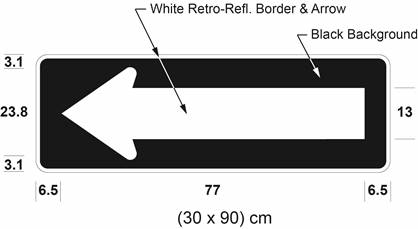 Illustration of sign with white arrow pointing left on black background.