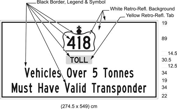 Illustration of sign with 418 in Crown over text Toll and Vehicles Over 5 Tonnes Must Have Valid Transponder.