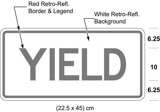 Illustration of tab sign with red text YIELD on white background with red border.