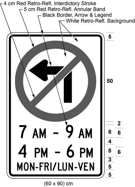Illustration of sign with a no left turn symbol, text 7 AM - 9 AM, 4 PM - 6 PM, MON-FRI/LUN-VEN.