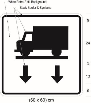 Illustration of sign with symbol of truck on road above two arrows pointing down.