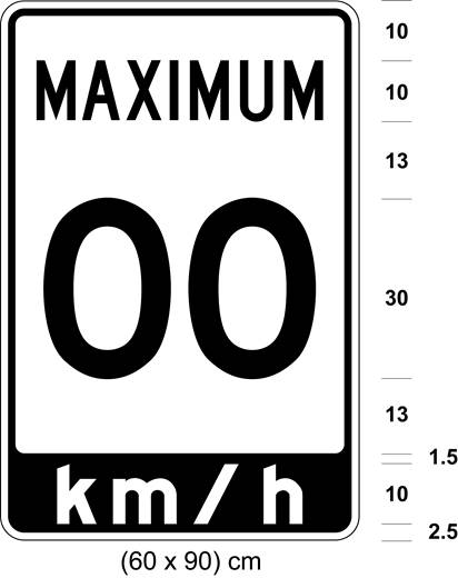 Illustration of sign with black text MAXIMUM 00 on white background above white text km/h on black background.