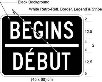 Illustration of tab sign with white text BEGINS / DÉBUT on black background.