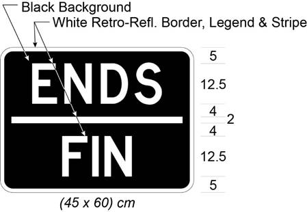Illustration of tab sign with white text ENDS / FIN on black background.