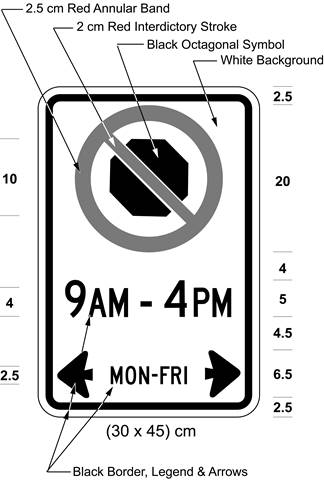 Illustration of sign with a no stopping symbol and text 9 AM - 4 PM, MON-FRI with arrows pointing left and right.