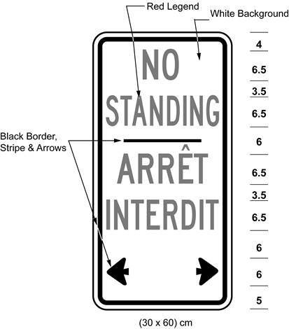 Illustration of sign with red text NO STANDING / ARRÊT INTERDIT with black arrows pointing left and right.