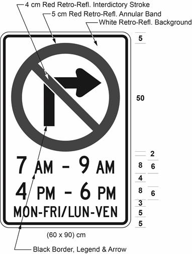 Illustration of sign with a no right turn symbol, text 7 AM - 9 AM, 4 PM - 6 PM, MON-FRI / LUN-VEN.