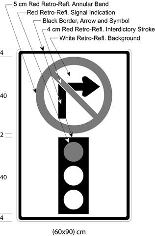 Illustration of sign with a no right turn symbol above symbol of traffic signal with red light on.