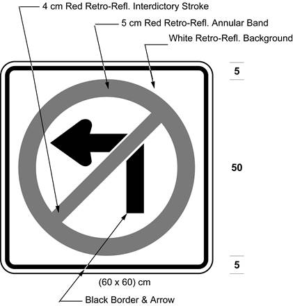 Illustration of sign with a no left turn symbol. 