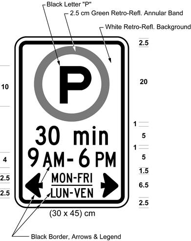 Illustration of sign with permissive parking symbol, text 30 min, 9 AM - 6 PM, MON-FRI / LUN-VEN with arrows.