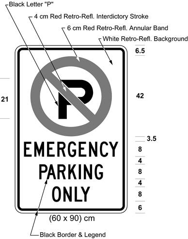 Illustration of sign with a no parking symbol above text EMERGENCY PARKING ONLY. 