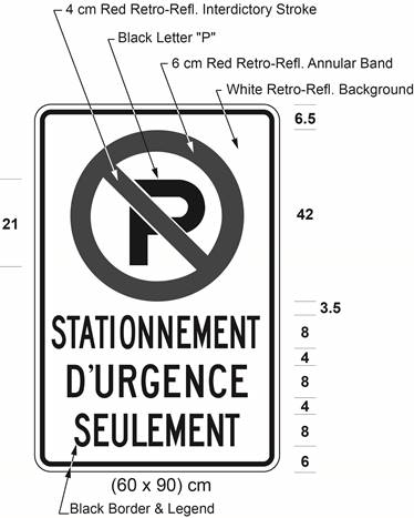 Illustration of sign with a no parking symbol above text STATIONNEMENT D'URGENCE SEULEMENT.