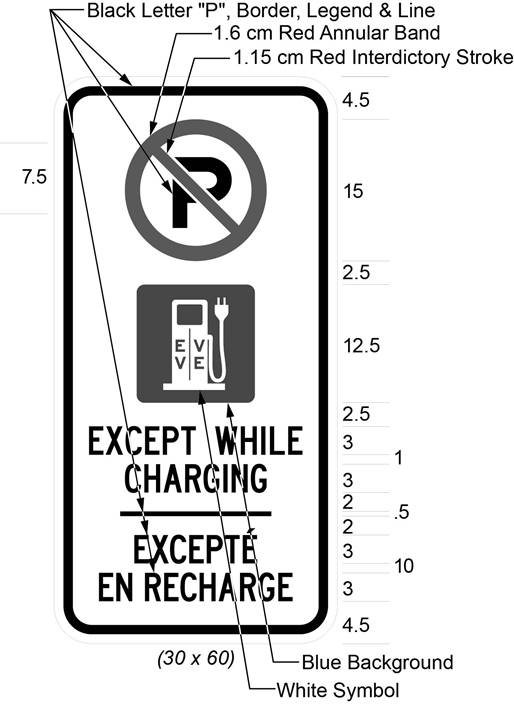 Illustration of sign with a no parking symbol above an electric charging station symbol above text EXCEPT WHILE CHARGING/EXCEPTÉ EN RECHARGE. 