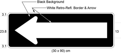 Illustration of sign with white arrow pointing left on black background.