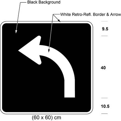 Illustration of sign with white arrow curving left on black background.