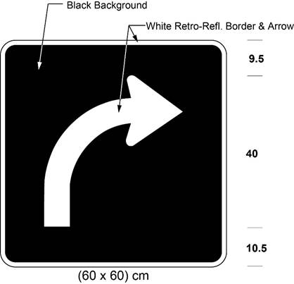 Illustration of sign with white arrow curving right on black background.