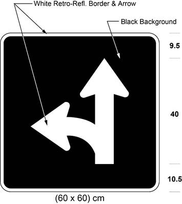 Illustration of sign with branching white arrow curving left and proceeding straight on black background.
