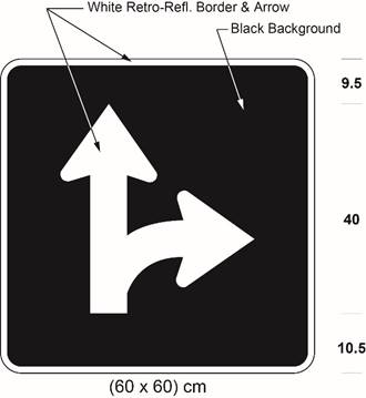 Illustration of sign with branching white arrow curving right and proceeding straight on black background. 