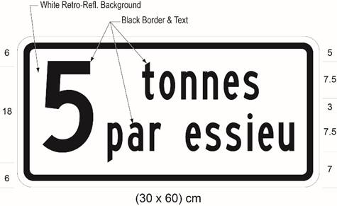 Illustration of tab sign with text 5 tonnes par essieu. 