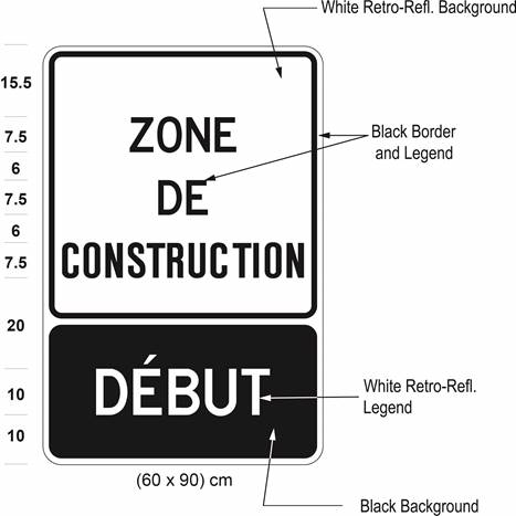 Illustration of sign with text ZONE DE CONSTRUCTION above tab sign with white text DÉBUT on black background.