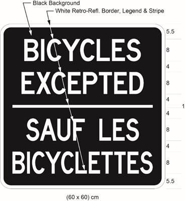 Illustration of tab sign with white text BICYCLES EXCEPTED / SAUF LES BICYCLETTES on black background.
