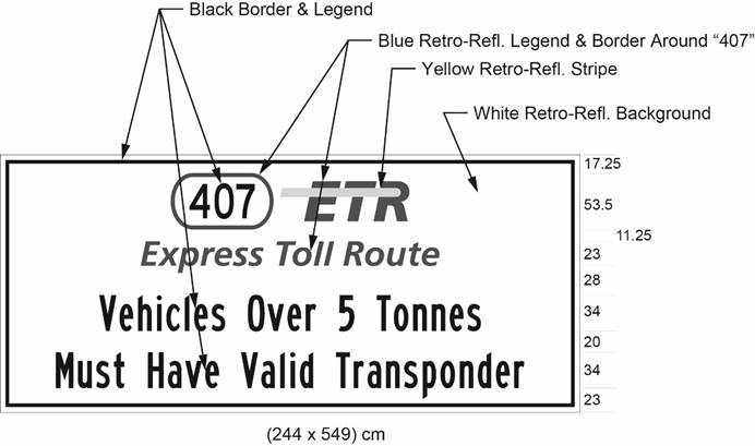 Illustration of sign with 407 ETR symbol and text Vehicles Over 5 Tonnes Must Have Valid Transponder. 