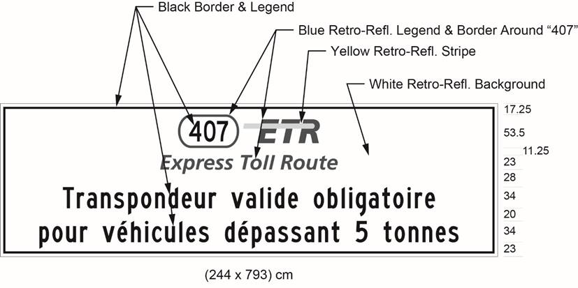 Illustration of sign with 407 ETR symbol and text Transpondeur valide obligatoire pour véhicules dépassant 5 tonnes.