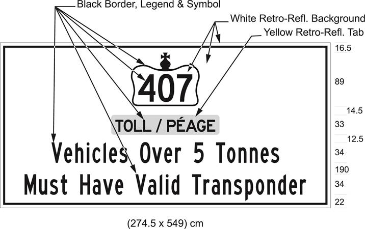 Illustration of sign with 407 in Crown over text Toll/Péage and Vehicles Over 5 Tonnes Must Have Valid Transponder.
