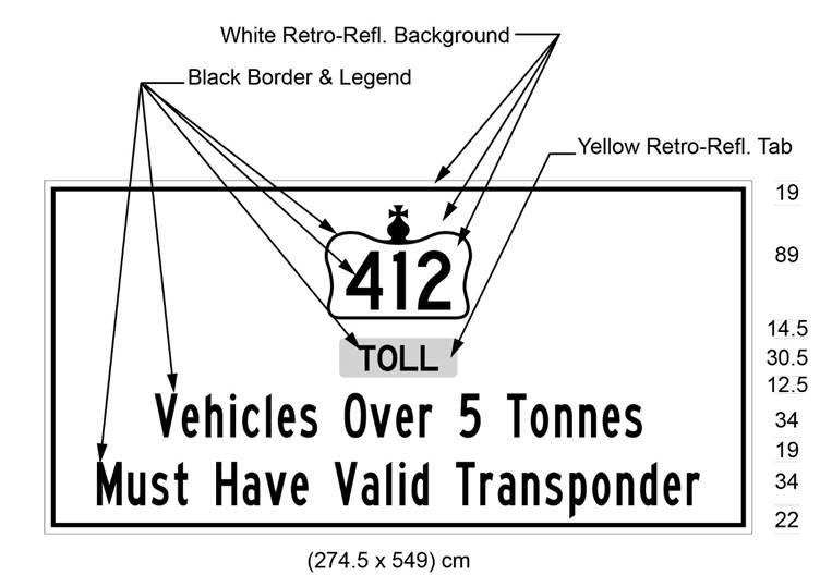 Illustration of sign with 412 in Crown over text Toll and Vehicles Over 5 Tonnes Must Have Valid Transponder. 