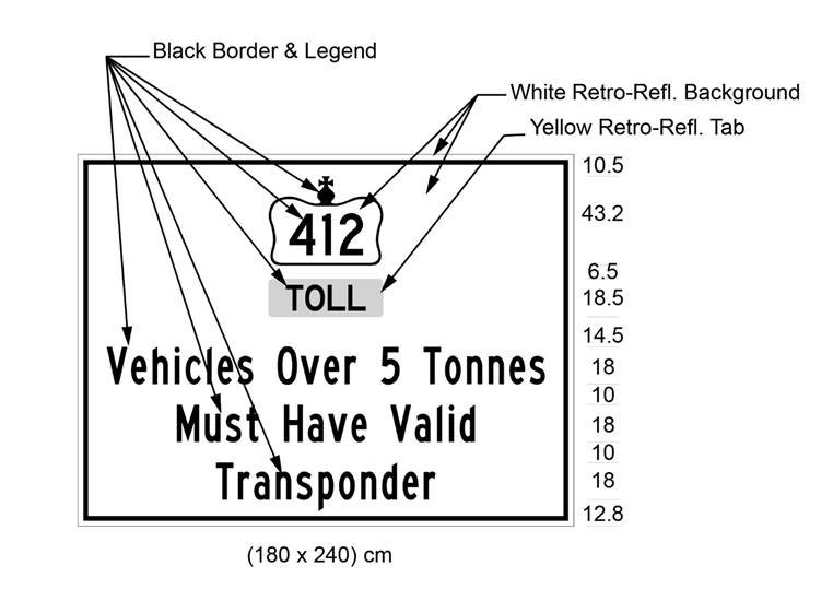 Illustration of sign with 412 in Crown over text Toll and Vehicles Over 5 Tonnes Must Have Valid Transponder.