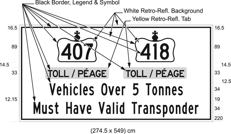 Illustration of sign with 407 and 418 in Crown symbols, text Toll/Péage, Vehicles Over 5 Tonnes Must Have Valid Transponder.