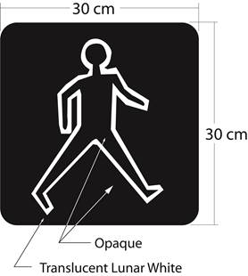 Illustration of Figure 1 - outlined symbol of walking pedestrian in lunar white on opaque background in 30 cm x 30 cm square.