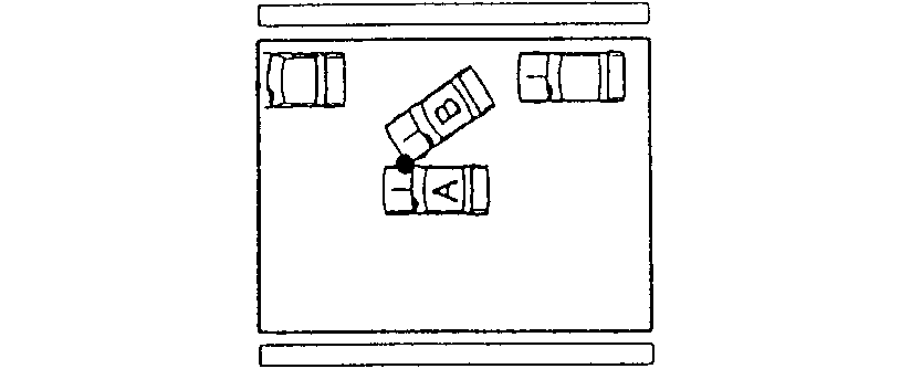 Diagram of a collision where automobile B is leaving a parking place and strikes automobile A.