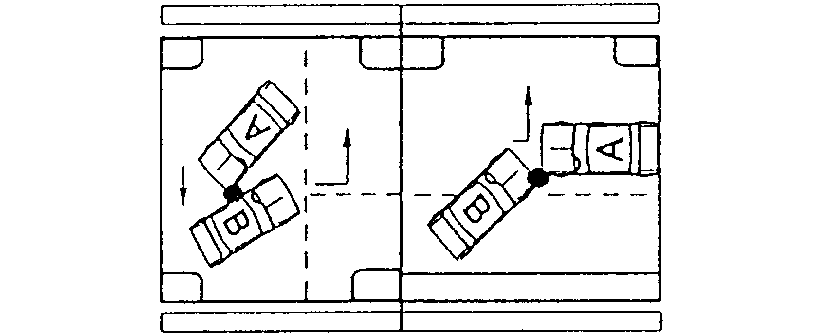 Diagram of two collisions where automobile B turns left into path of automobile A and the automobiles collide.